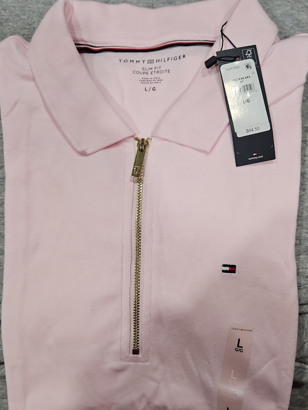 Tommy Hilfiger Light Pink Slim Half-Zip Polo with Gold Zipper